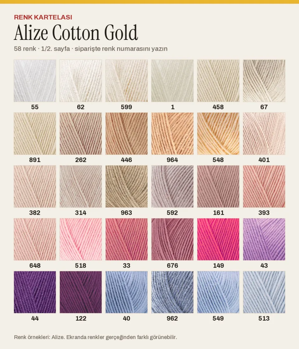 Alize Cotton Gold renk kartelası, 1. sayfa