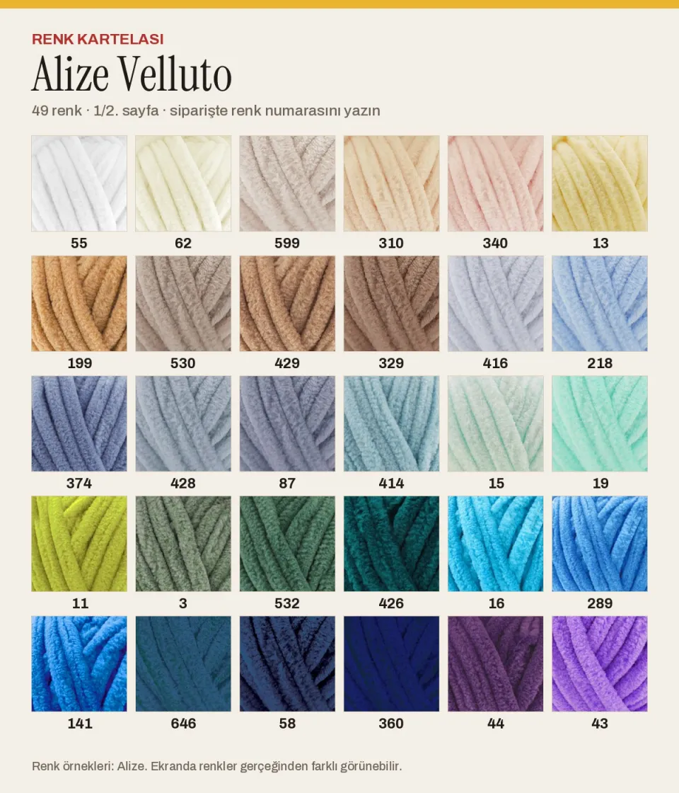 Alize Velluto renk kartelası, 1. sayfa
