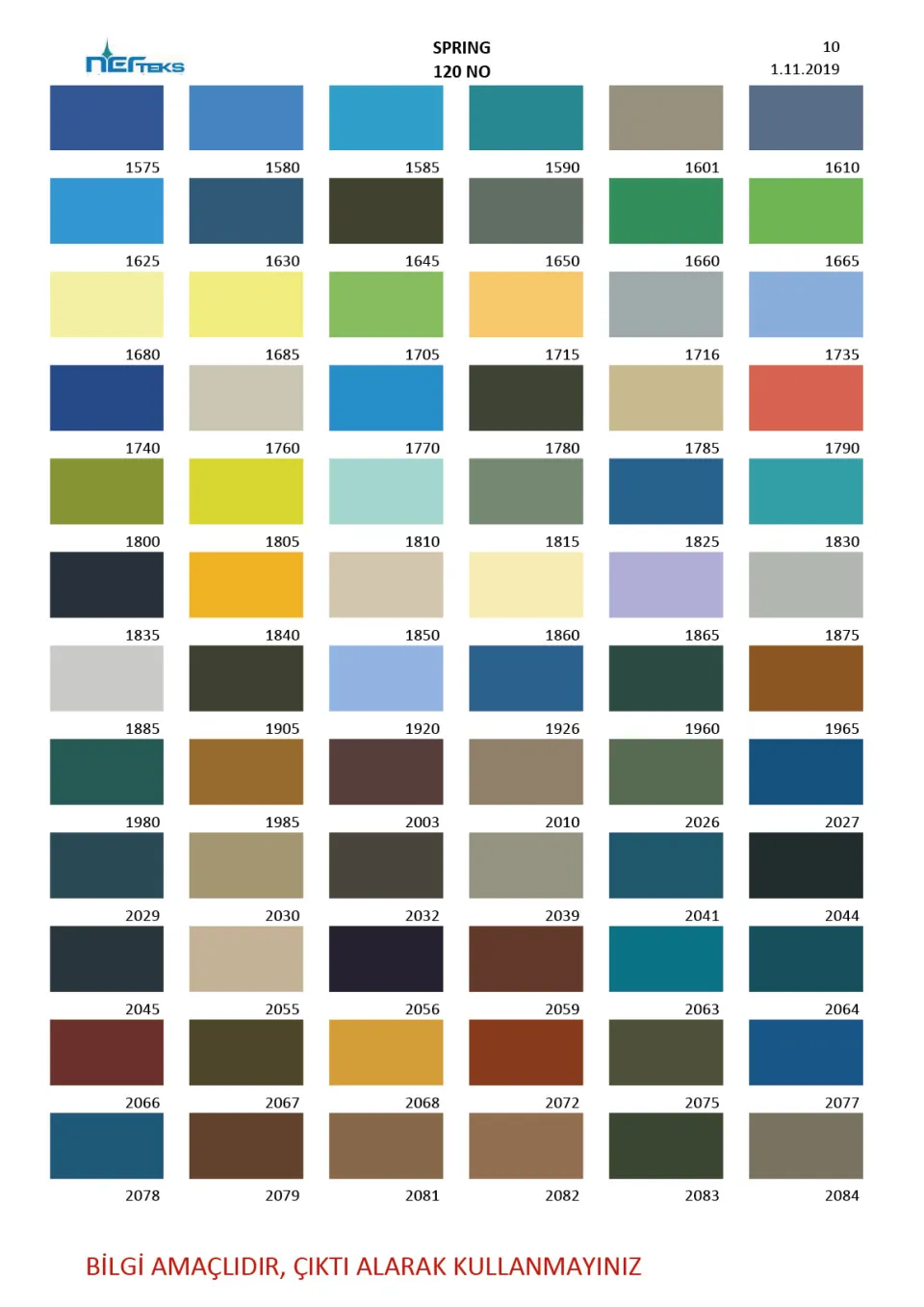 Spring 120 numara dikiş ipliği renk kartelası, 1. sayfa